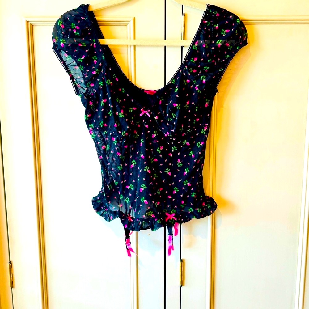 Betsey Johnson Top. Black lace with pink roses. There are little garter buckles.